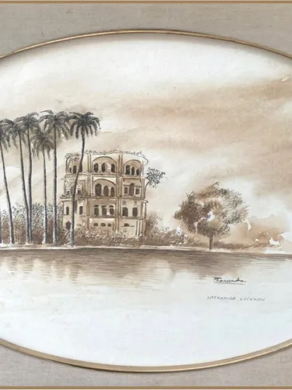 A detailed view of the 'Sathkanda' building in Lucknow, as rendered by Phaneendra Nath Chaturvedi. The artist's delicate use of watercolour and pen creates a vintage, ethereal quality.