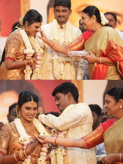 A special moment for this bride, blessed by family. Her gold tissue silk saree is draped to look elegant and feel comfortable during these important wedding rituals.