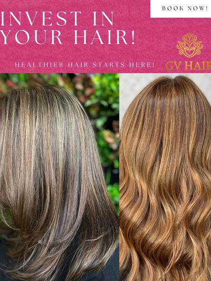 Invest in your hair. This collage shows two different balayage looks, one straight and one wavy, showcasing the versatility of the technique.