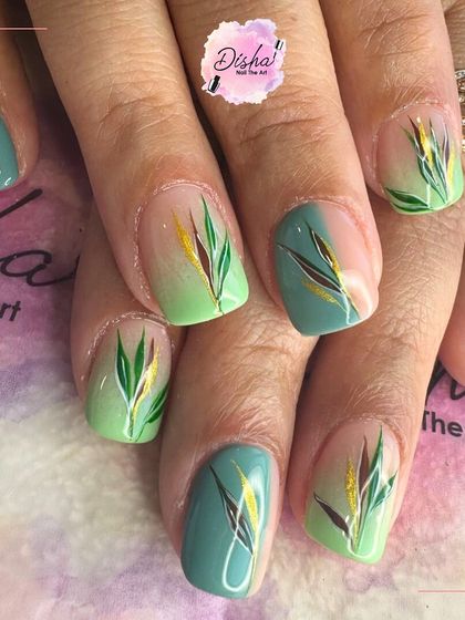 Bring on the summer vibes with this perfect pop of color. This design features a green gradient base with hand-painted leaves for a fresh, botanical feel.