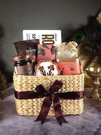 Another view of our Diwali Luxe basket, highlighting the rich assortment of premium products tied with an elegant ribbon.