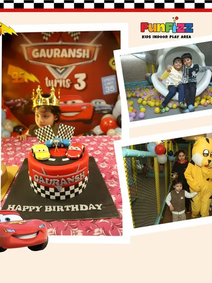 We specialize in creating magical themed birthday parties. This collage from a 'Cars' themed party shows it all: the custom cake, happy kids, fun with our mascot, and the exciting play area. Let us make your child's next birthday unforgettable.