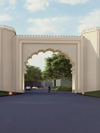 The experience of the grand banquet hall begins at this majestic entrance gate. Inspired by historic Indian forts, the gate is designed to be a powerful architectural statement, setting a tone of exclusivity and grandeur for the entire property.