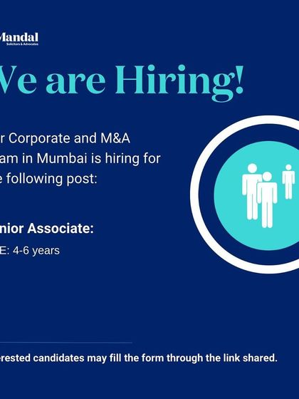 We are hiring. This post announces an opening for a Senior Associate in our Corporate and M&A Team in Mumbai. We are always looking for talented legal professionals with 4-6 years of post qualification experience to join our team.