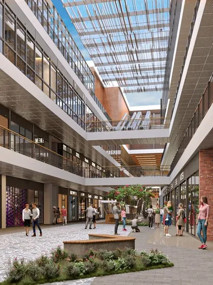 The interior of our V'lante project in Gurugram showcases how mixed-use developments can foster community. The central atrium is designed for casual gatherings, serving as a neighborhood hub for leisure and interaction.