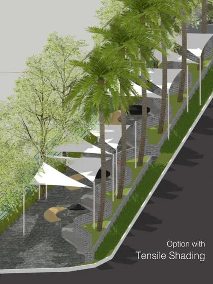 This image shows one of our design studies for a shaded pathway, exploring an option with tensile shading. We create multiple iterations to find the most effective and elegant solution.