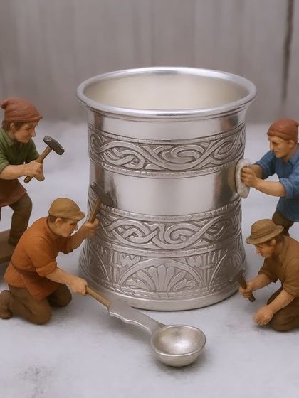 A creative shot showing the craftsmanship that goes into my German silver items, featuring a panchapatra.