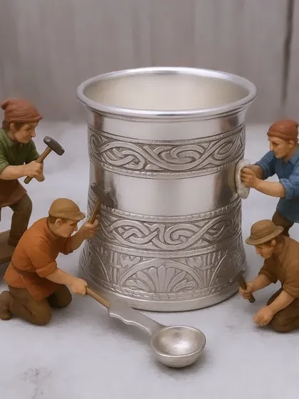 A creative depiction of our craftsmanship, with miniature artisans working on a large German silver panchapatra, highlighting the effort behind each piece.