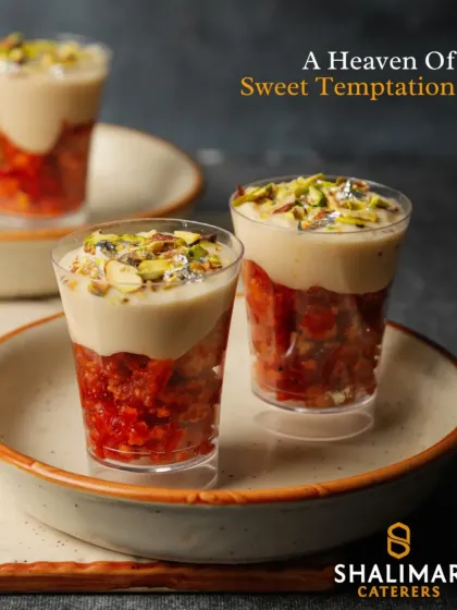 A heaven of sweet temptation. These dessert cups feature a modern take on Gajar ka Halwa, layered with a creamy topping and nuts.