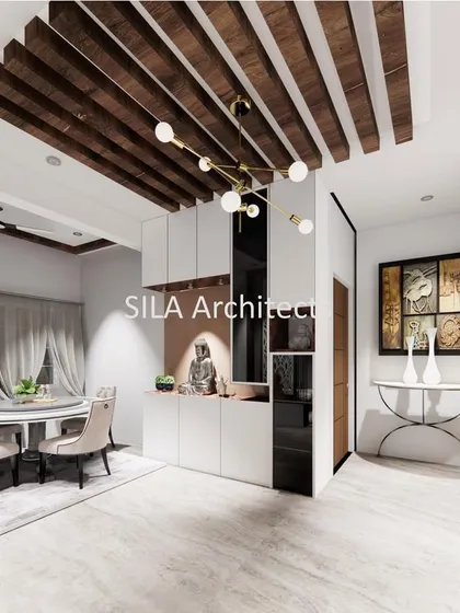 A render of the dining and utility area, showcasing a round dining table and white modular cabinets that provide ample storage.