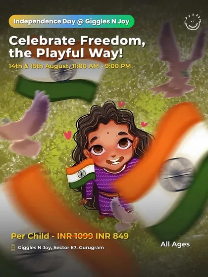 A vibrant poster for the Independence Day celebration at Giggles N Joy, inviting kids to celebrate freedom in a playful way.