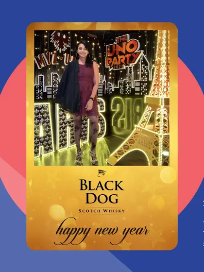 A branded photo from a Black Dog New Year's party. The custom overlay includes the brand's logo and a festive message, making it a perfect piece of seasonal marketing content.