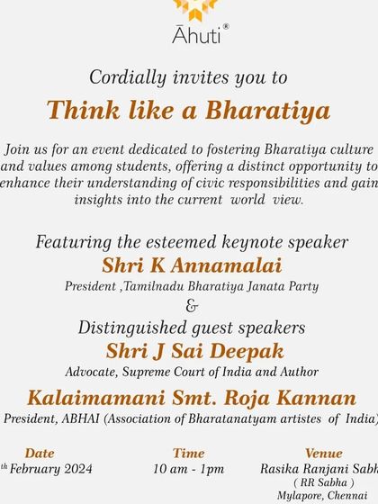 The elegant invitation card for the Ahuti foundation's event in Chennai. The event was dedicated to fostering Bharatiya culture and values among students.