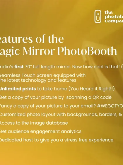 A detailed list of the features included with our Magic Mirror Photo Booth rental. This includes the 70" full-length mirror, unlimited prints, digital sharing via QR code, and a dedicated host for a stress-free experience.