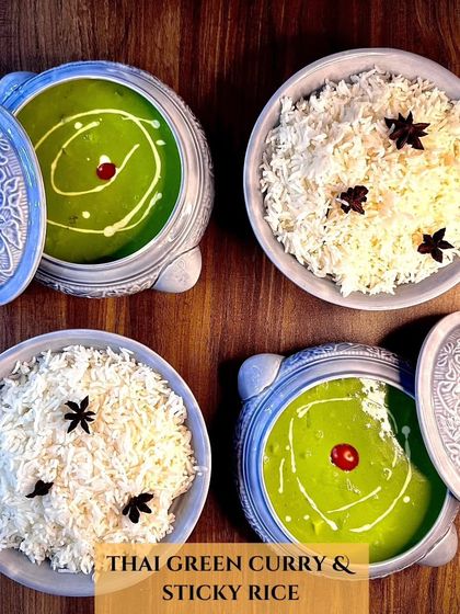 Indulge in the vibrant flavors of our Veg Thai Green Curry, paired perfectly with sticky jasmine rice. A harmony of spice, freshness, and comfort in every bite.