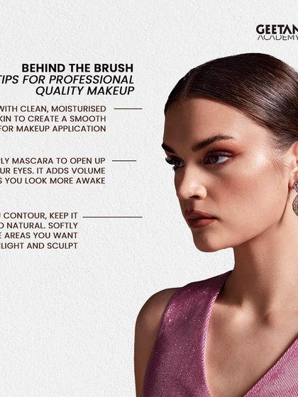 Behind the brush are pro tips for quality makeup. We teach our students to always start with moisturized skin, use mascara to open up the eyes, and apply contour subtly for a natural sculpt.