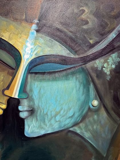 'DIVINITY - II', a 36x48 inch acrylic on canvas painting that captures a moment of serene, divine connection.