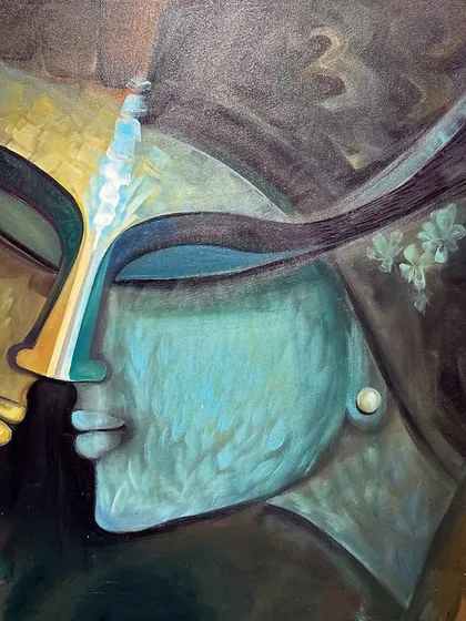 'DIVINITY - II', a 36x48 inch acrylic on canvas painting that captures a moment of serene, divine connection.