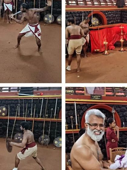 A collage showing the dynamic Kalaripayattu martial arts demonstration in Kerala.