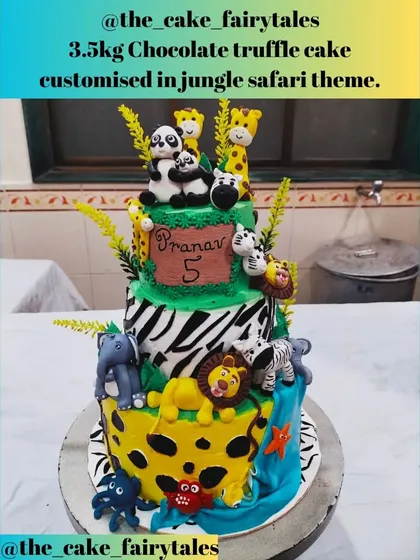 A full shot of the 3.5kg Chocolate Truffle cake with a jungle safari theme.