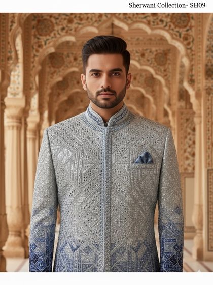 A closer look at the stunning detail on my ombre sherwani. You can see the precise geometric patterns and the subtle shimmer that makes this piece so special. It’s a work of art you can wear.