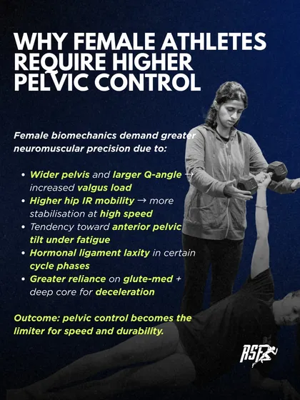 We recognize that different athletes have different needs. This infographic details why female athletes require greater pelvic control due to unique biomechanics. Our programs are not one-size-fits-all; they are tailored to address specific factors like Q-angle, hip mobility, and hormonal influences to optimize performance and prevent injury.