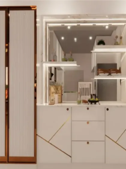 A modern crockery and bar unit with a unique geometric design on the cabinet doors and a mirrored, lit-up display section.