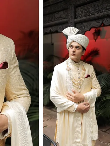 This split image shows both the full look and a close-up of the intricate details, from the pearl necklace to the rich brocade fabric of the sherwani.