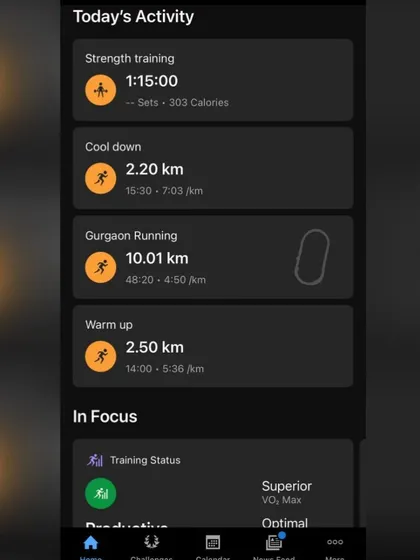 A summary of a 10km run where my watch died. Even without complete data, I can see the parts of the workout I did track, including strength training and warm up.