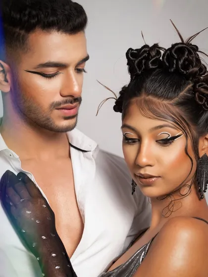 A creative yin-yang inspired look, showcasing harmony and contrast. This demonstrates how to apply makeup on both male and female models for editorial concepts.