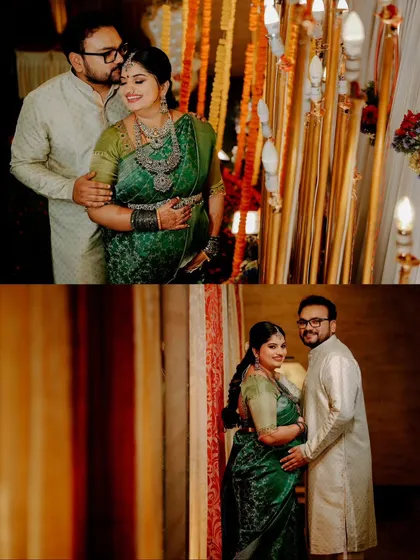 A collage of couple portraits from the Sreemantham event. These photos capture the couple's happiness and partnership amidst the celebration.
