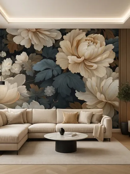 A classic and elegant floral wallpaper with large cream-colored peonies and dark leaves. The high-contrast design creates a timeless and sophisticated look.