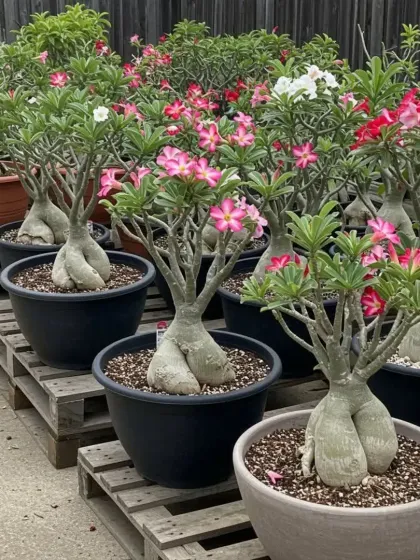 A collection of mature Desert Rose plants in pots, showcasing their interesting caudex (swollen trunk) forms.