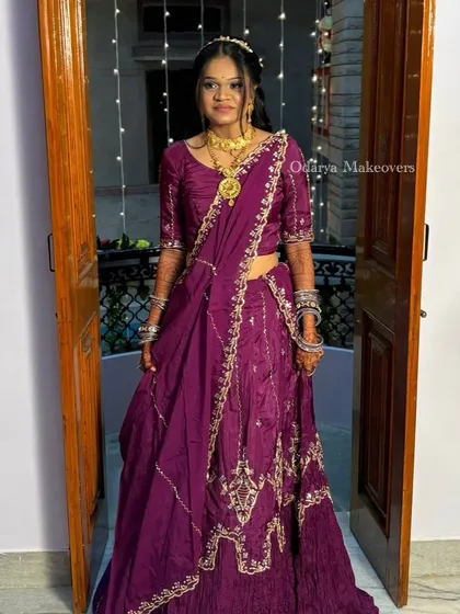 The full look for the Marwadi ceremony, showcasing the beautiful purple lehenga and traditional draping style.
