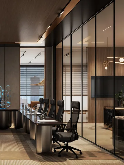 Another view of the conference room, looking out into the waiting area through a glass partition.