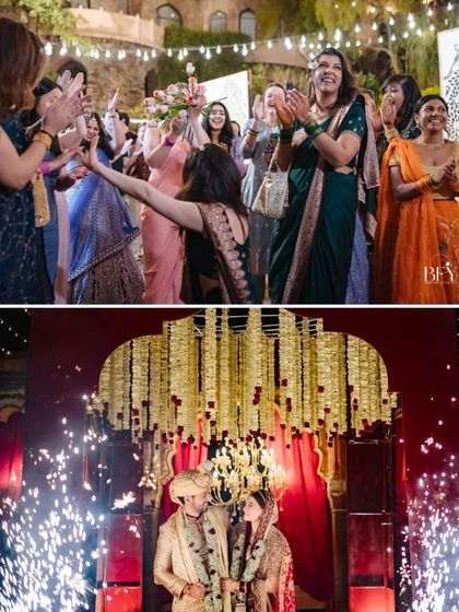A collage capturing the energy of the wedding, from guests tossing bouquets to the couple's grand entry with sparklers.