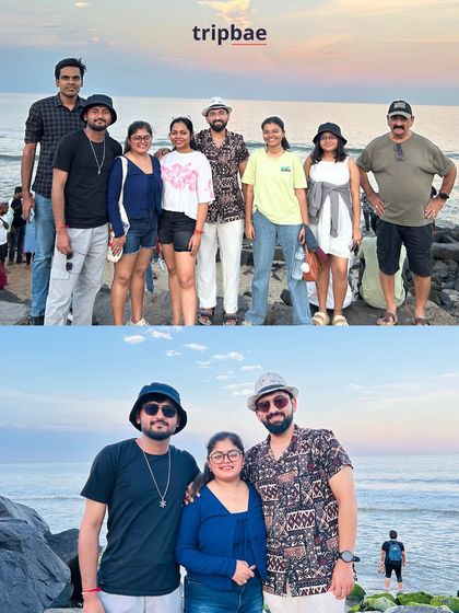 More happy faces from our Pondicherry trip, posing on the rocks by the sea as the sun sets.