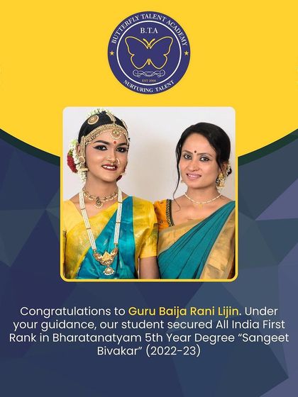 A proud moment for both student and teacher. Harshitha Gopi with her Guru, Baija Rani Lijin, celebrating a remarkable academic and artistic achievement.