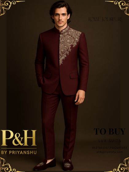 This shot captures the complete wine maroon Jodhpuri outfit, including the custom-embroidered loafers that complete the look.