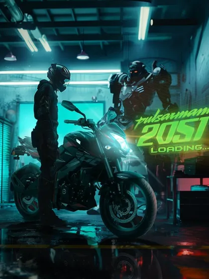 A moody, atmospheric shot for the Pulsar campaign, showing a rider in a futuristic garage with a holographic projection of a robot. This highlights my skill in creating cinematic lighting and mood.