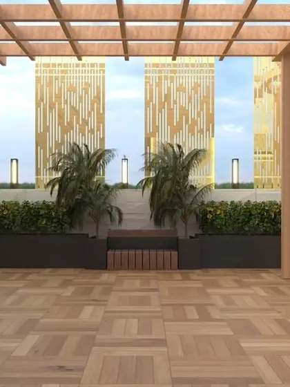 Another view of the Palam Vihar concept, showing the circular pergola and surrounding decorative golden screens.