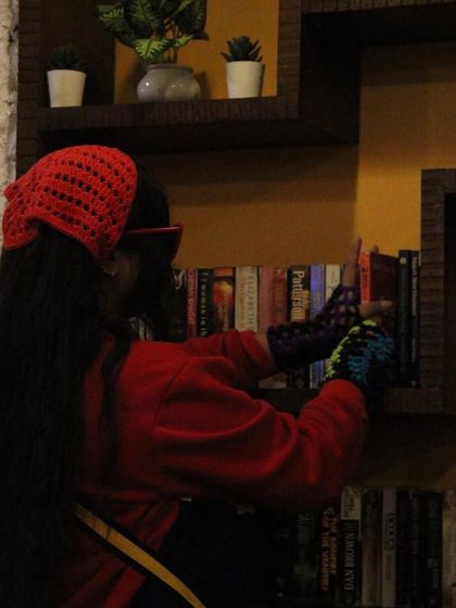 The red bandana paired with my neon fingerless gloves for a full-on colorful, eclectic look. Don't be afraid to mix and match.