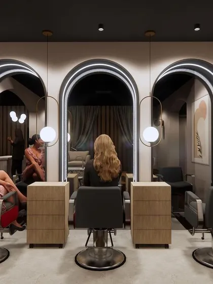 This render of the salon's styling stations showcases the arched mirrors and lighting concept, allowing for precise feedback before any construction begins.