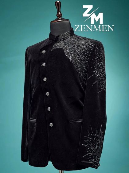 Another angle of the black velvet Jodhpuri, showcasing the shimmer of the silver handwork against the deep black velvet.