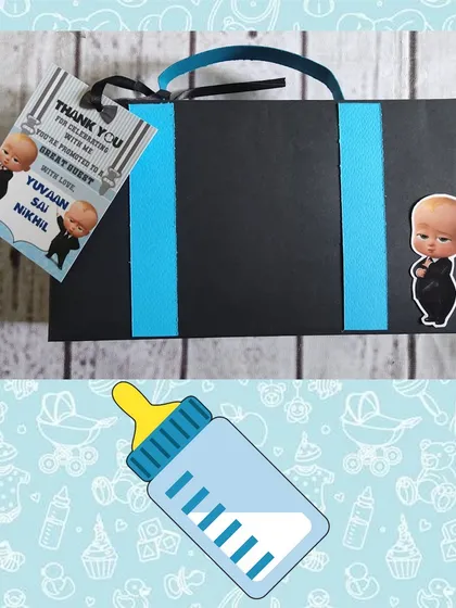 For a Boss Baby themed event, I created these stylish gift boxes to hold vacuum flask sets. The black and blue design is sleek and modern.
