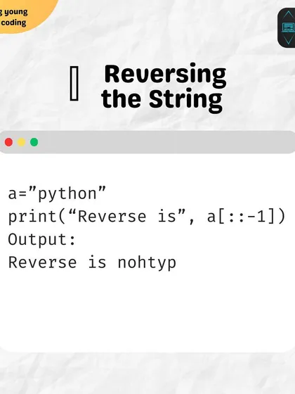 A simple Python trick for reversing a string using slicing. This is a great example of how Python's concise syntax can accomplish tasks in a single line of code.
