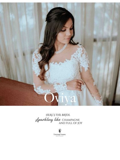 A portrait of the bride, Oviya, in her wedding gown, with the caption "Sparkling like champagne and full of joy."