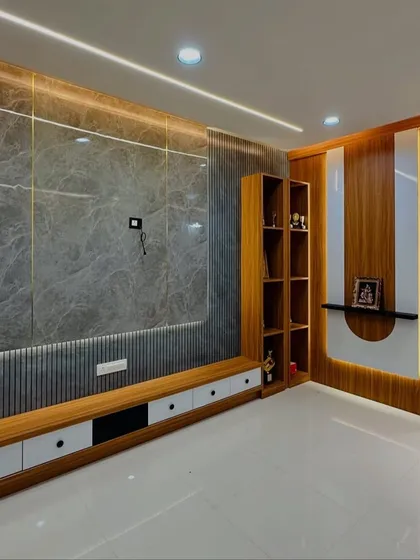 Another angle of the TV and partition unit, showing how the elements work together. The open display shelf on the right is perfect for showcasing decor and awards, seamlessly integrated with the main TV panel.