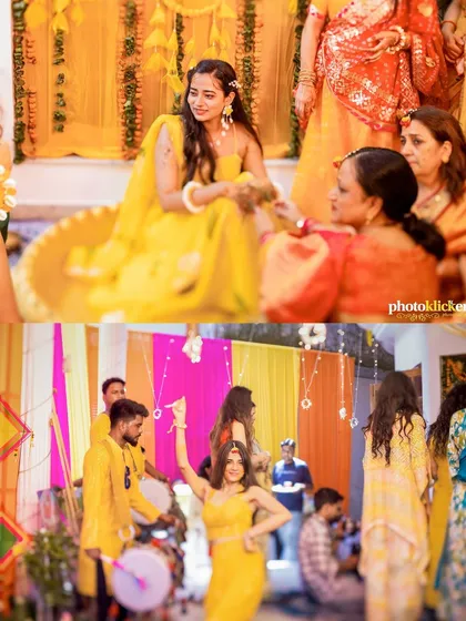 This collage captures the full atmosphere of a haldi event, from the bride's solo moments to the lively dance performances.