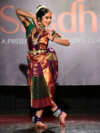 The vibrant young dancer MT Mrunmayee, who enchanted the audience with her exquisite Bharatanatyam performance at "Saadhana 2024."